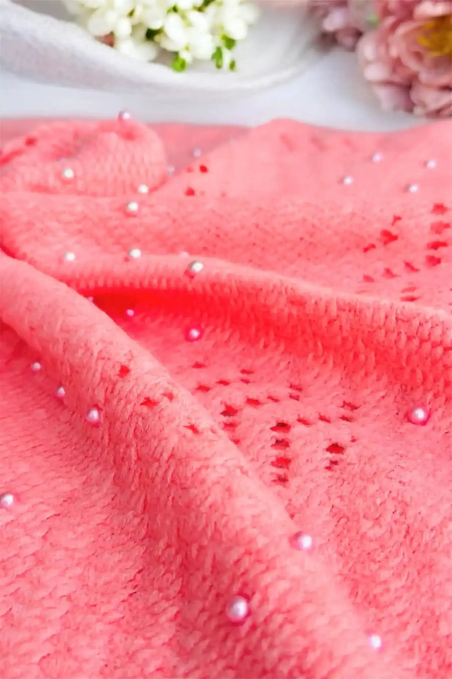 Pink Beaded Wool Winter Stole