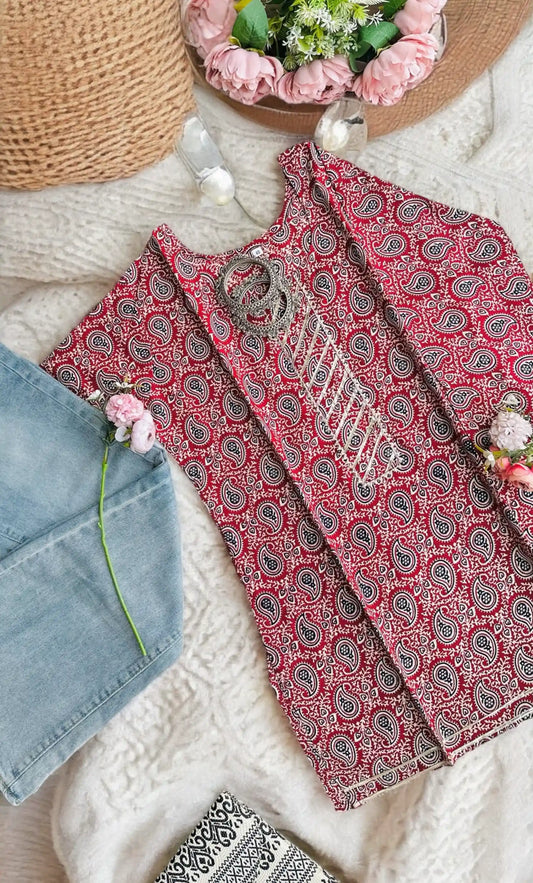 Maroon Kairi Cotton Short Kurta