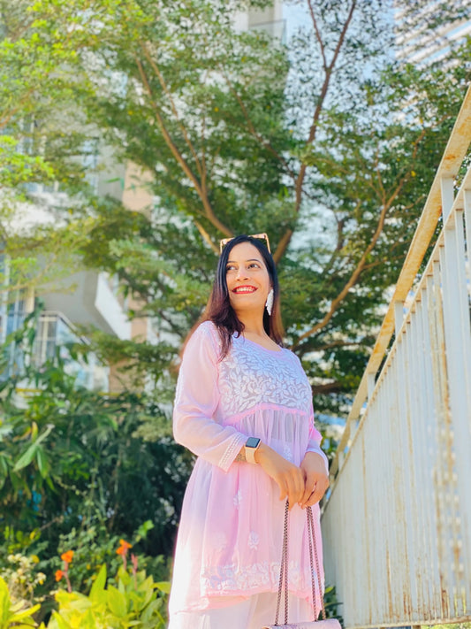 Dreamy Pink Chikan Angrakha Top