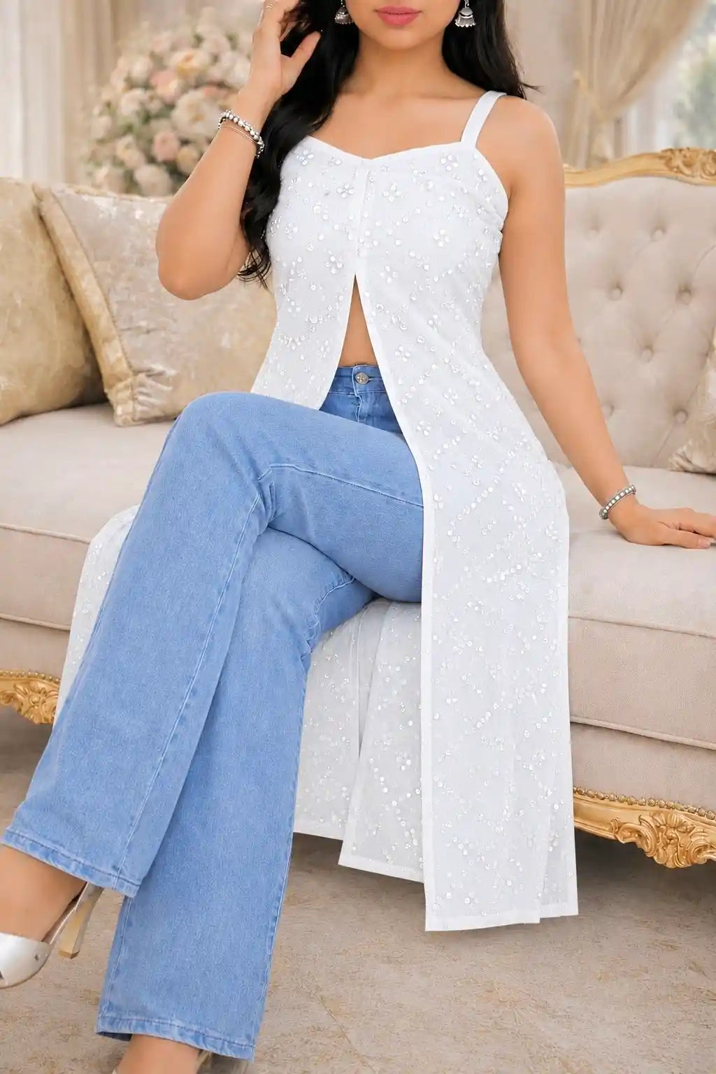Noor White Mirror Gulnaz Slit Kurta