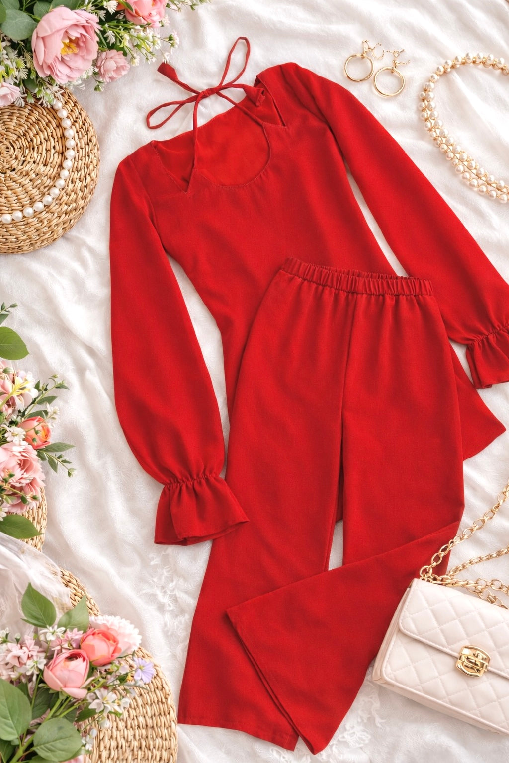 Crimson Red Back Tie Ruffle Set