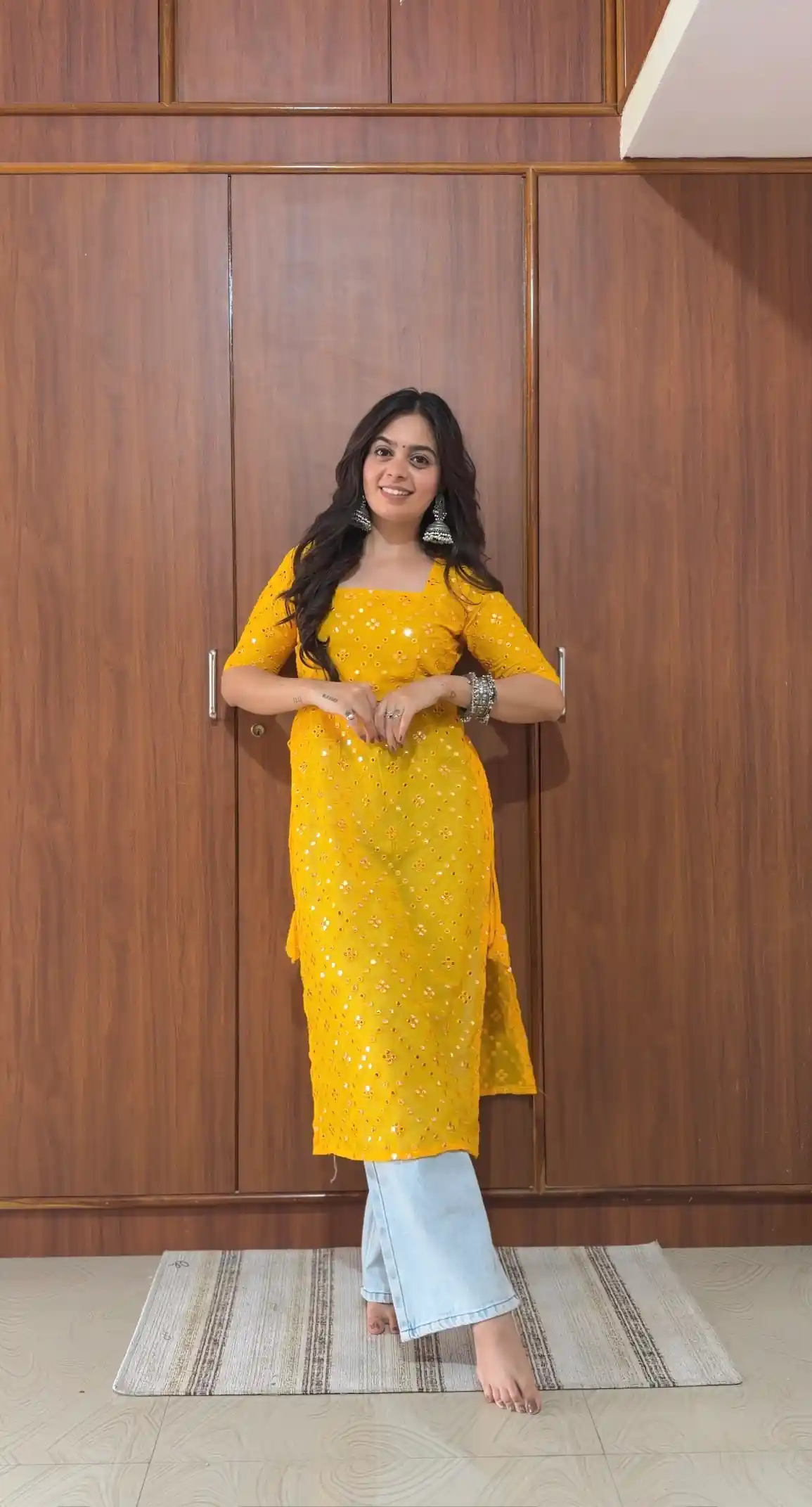 Santoshi’s Yellow Mirror Embroidered Gulnaz Kurta