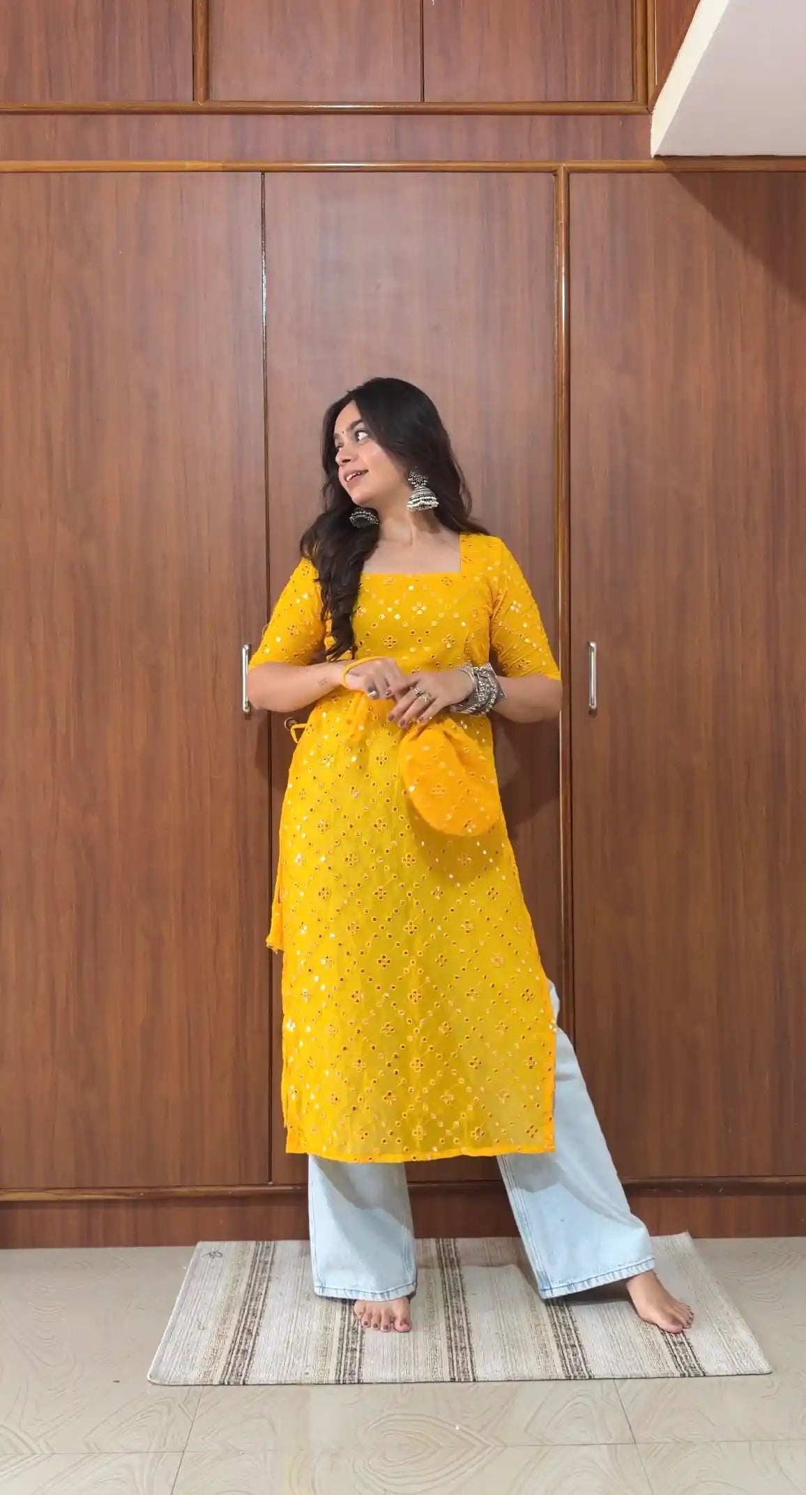 Santoshi’s Yellow Mirror Embroidered Gulnaz Kurta