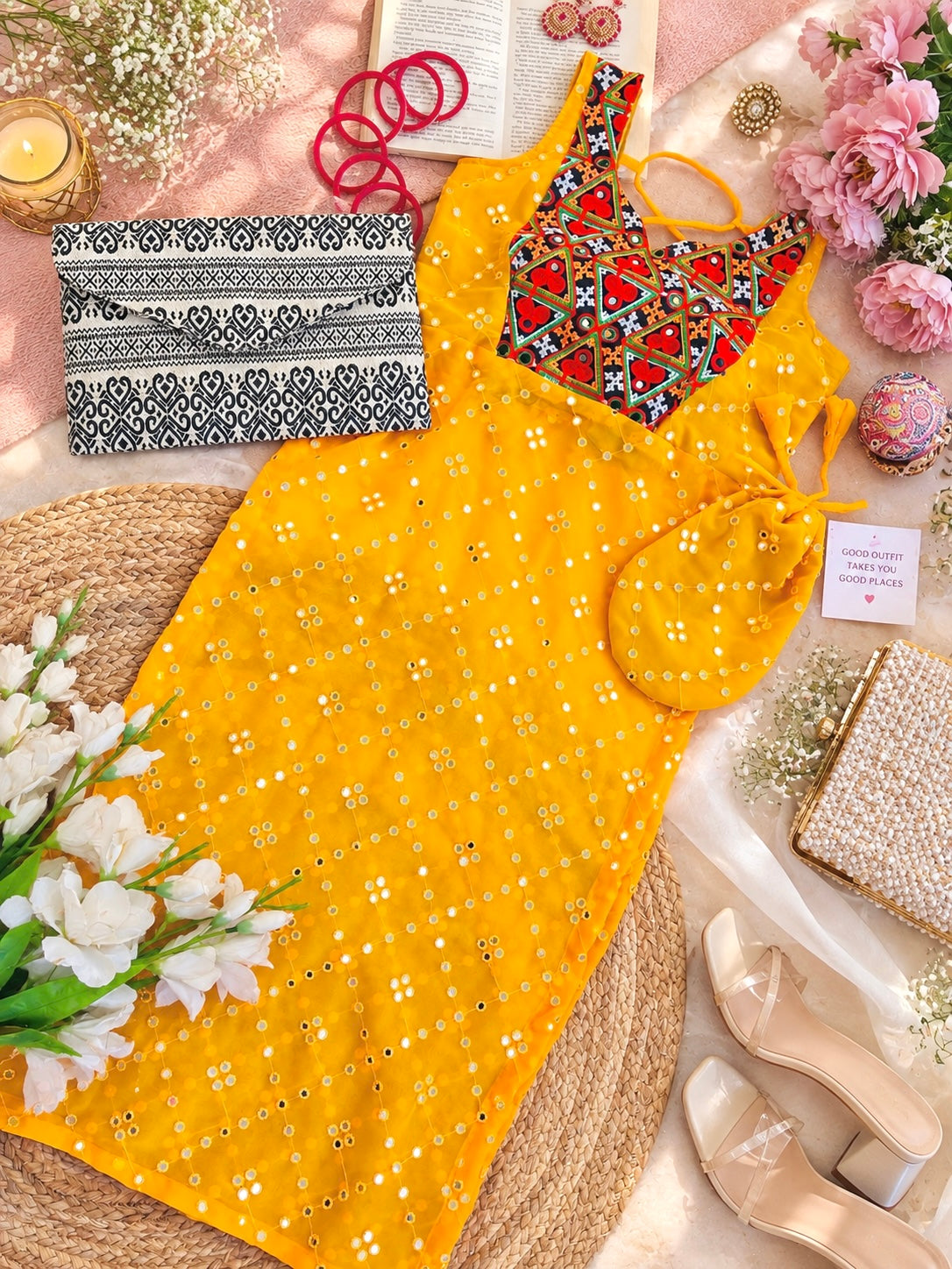 Yellow Mirror Back Tie Gulnaz Kurta