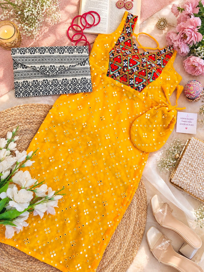 Yellow Mirror Back Tie Gulnaz Kurta