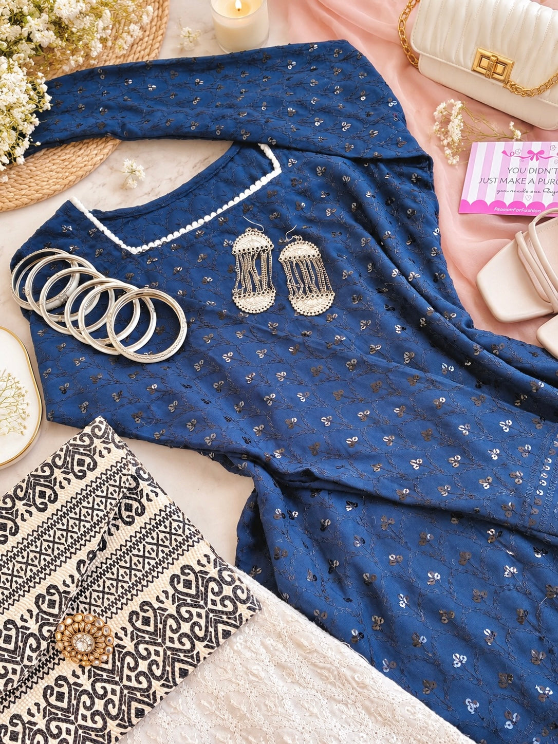 Gulnaz Blue Sequin Embroidered Kurta