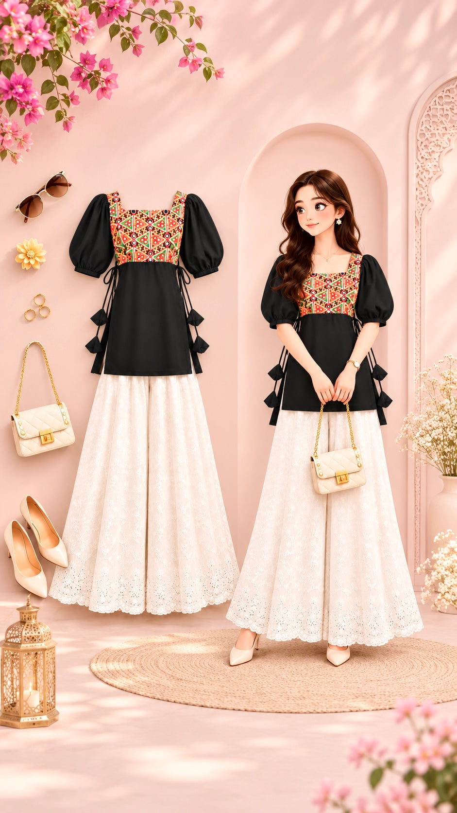 Black Multicolor Puff Sleeve Short Kurta