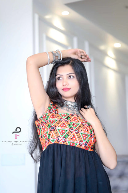 Gamti Black Embroidered Denim Kurta