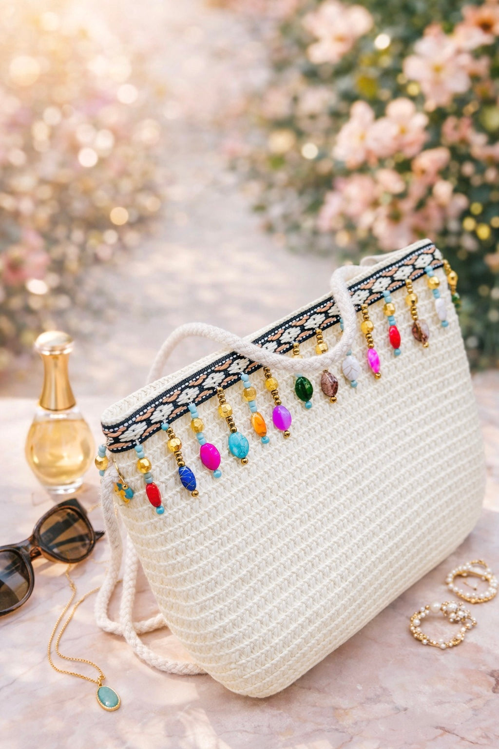 Boho Beaded White Crochet Sling Bag