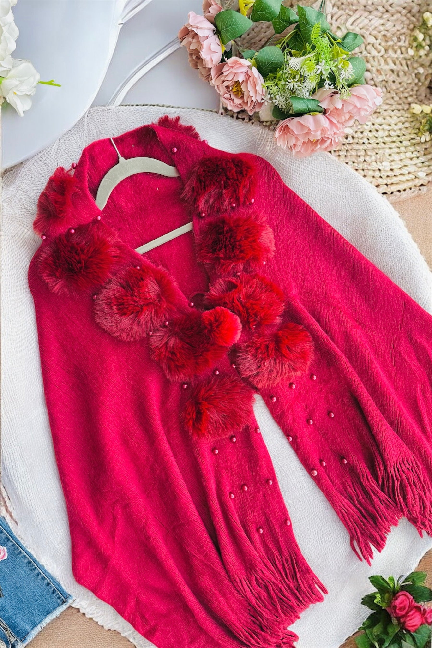 Maroon Pearl Fur Winter Cape