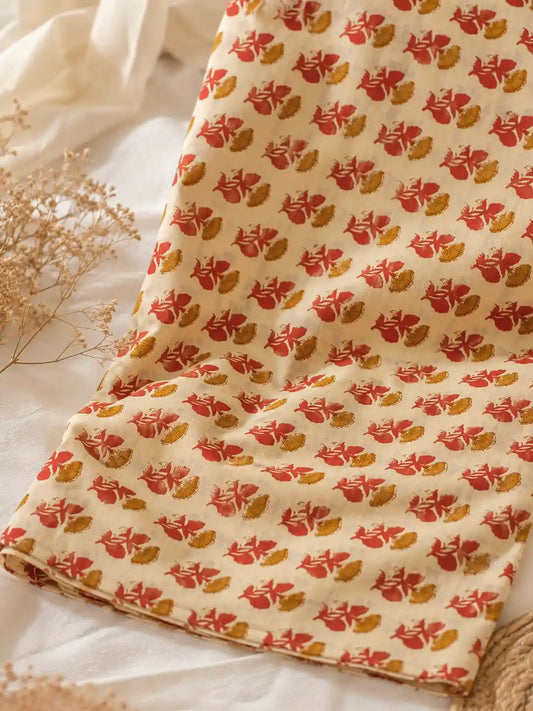 Premium Beige Red Floral Cotton Fabric