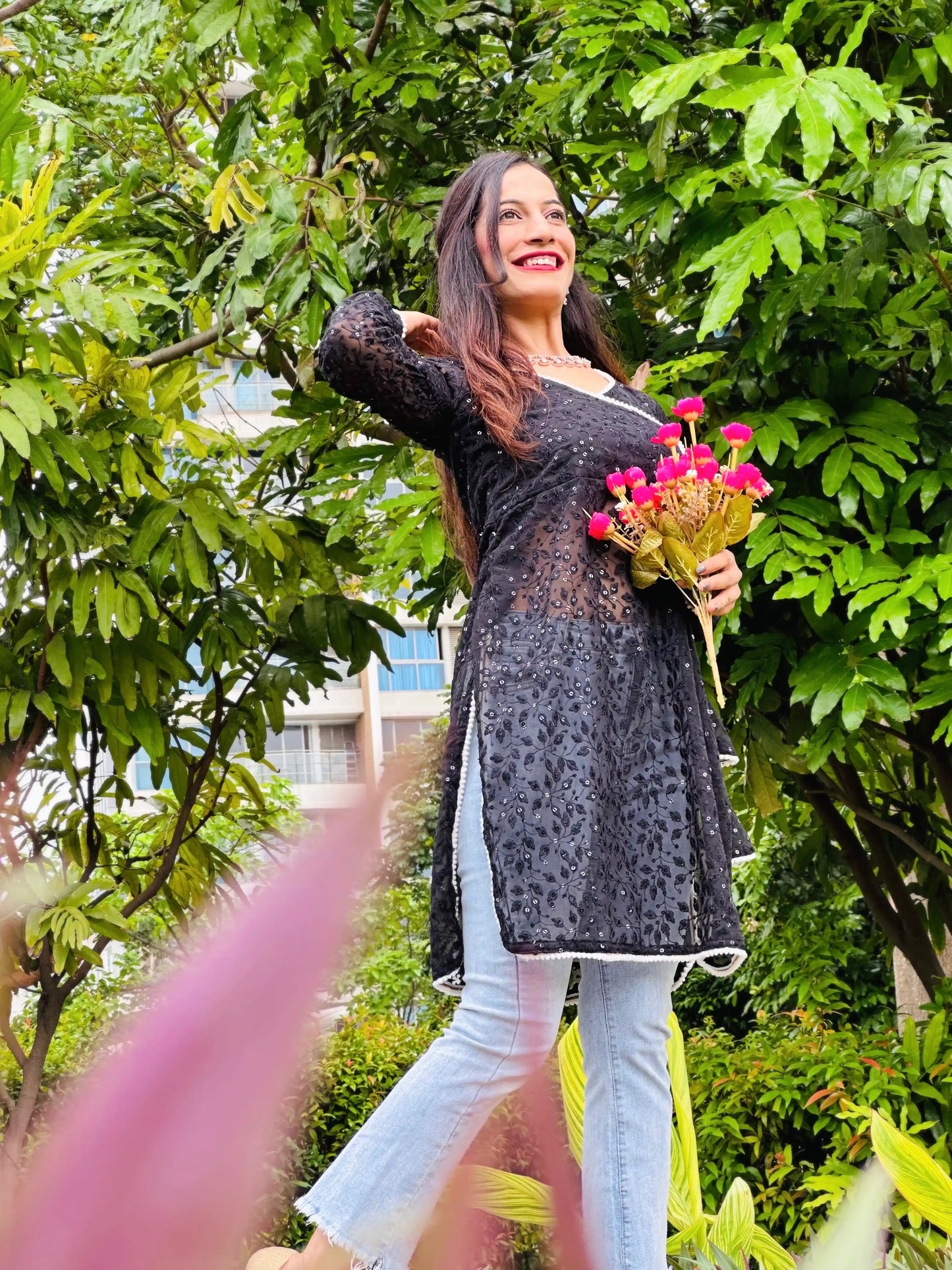 Black Leaf Angrakha Style Kurta