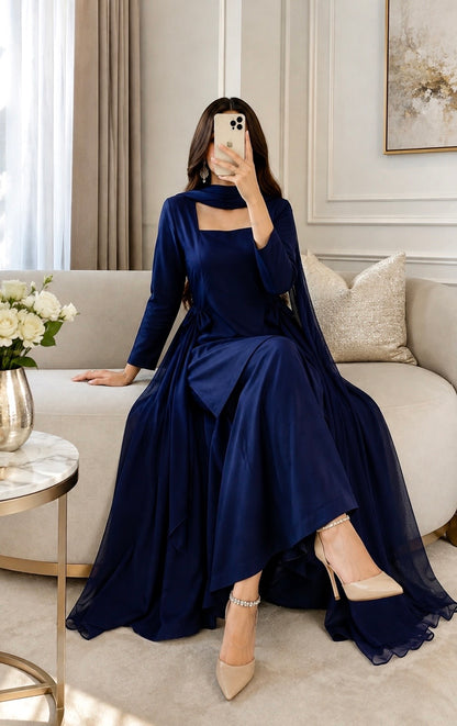 Midnight Blue Bow Styled Kurta Set