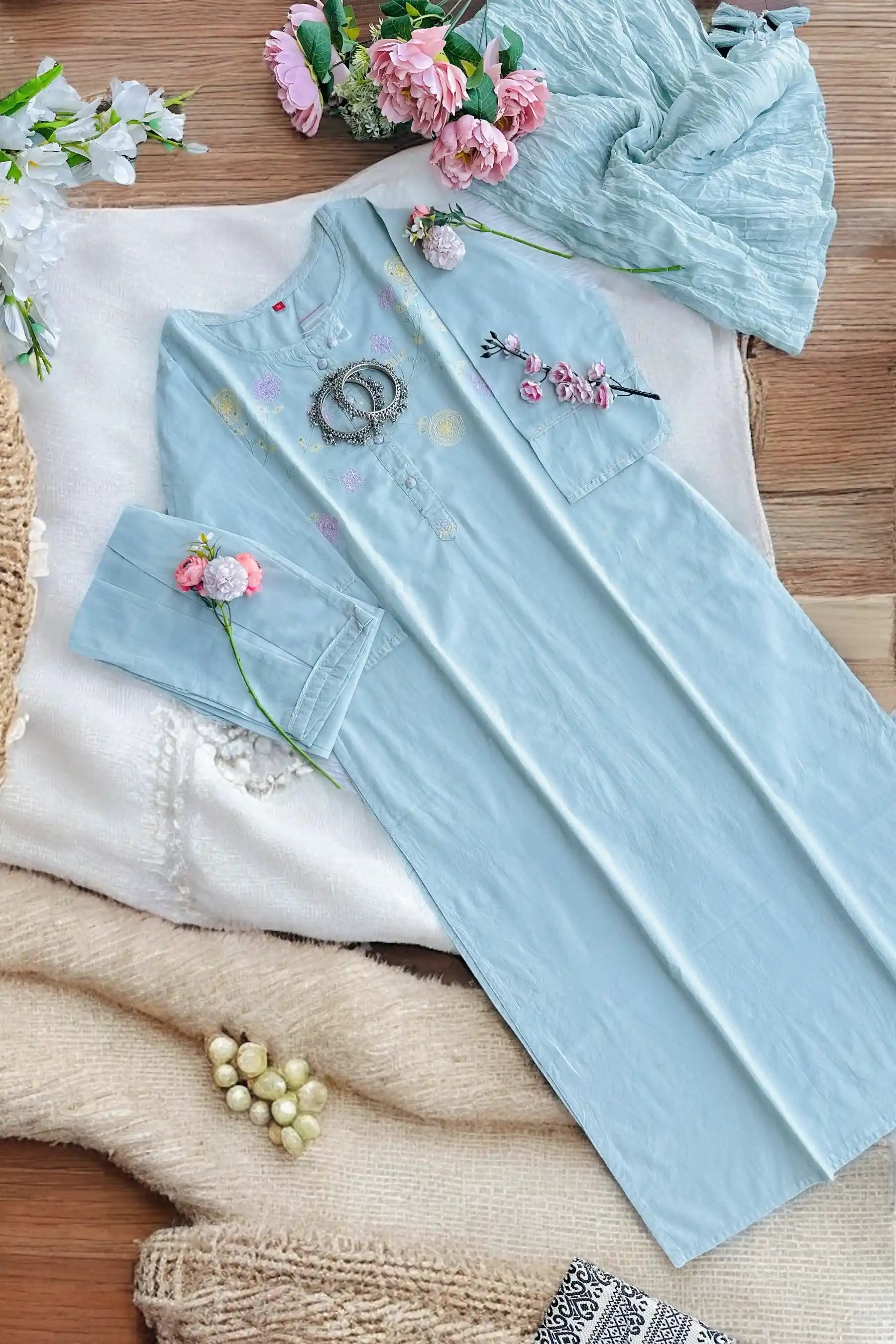 Pastel Aqua Blossom Kurta Set