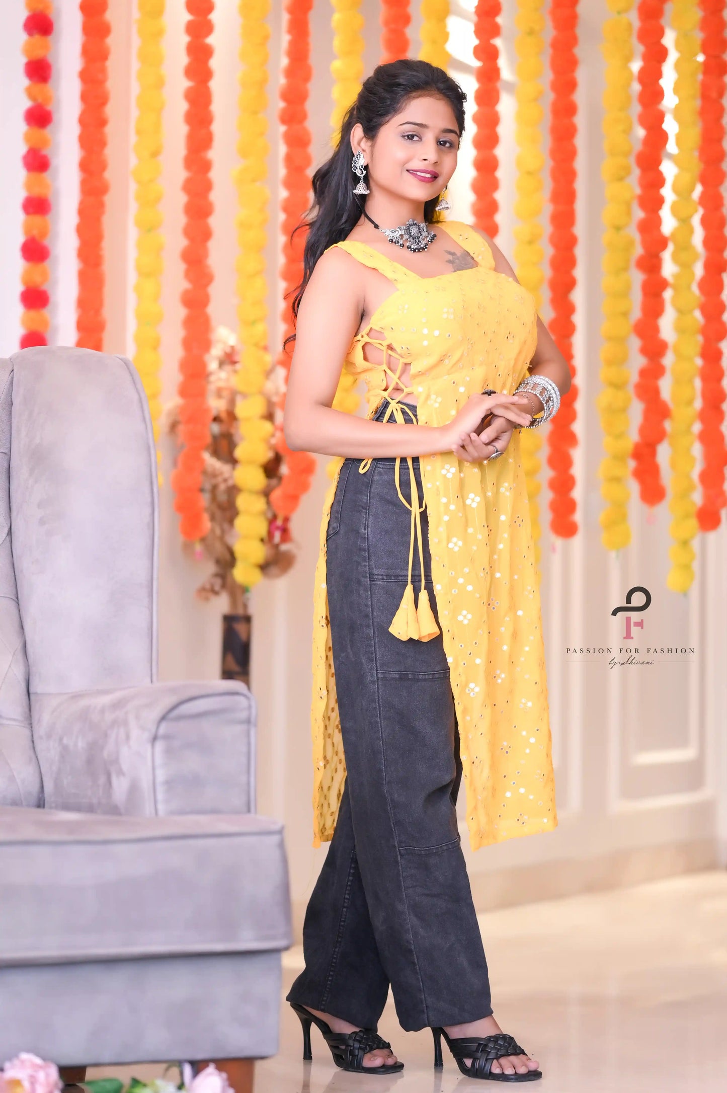 Embroidered Yellow Mirror Gulnaz Kurta