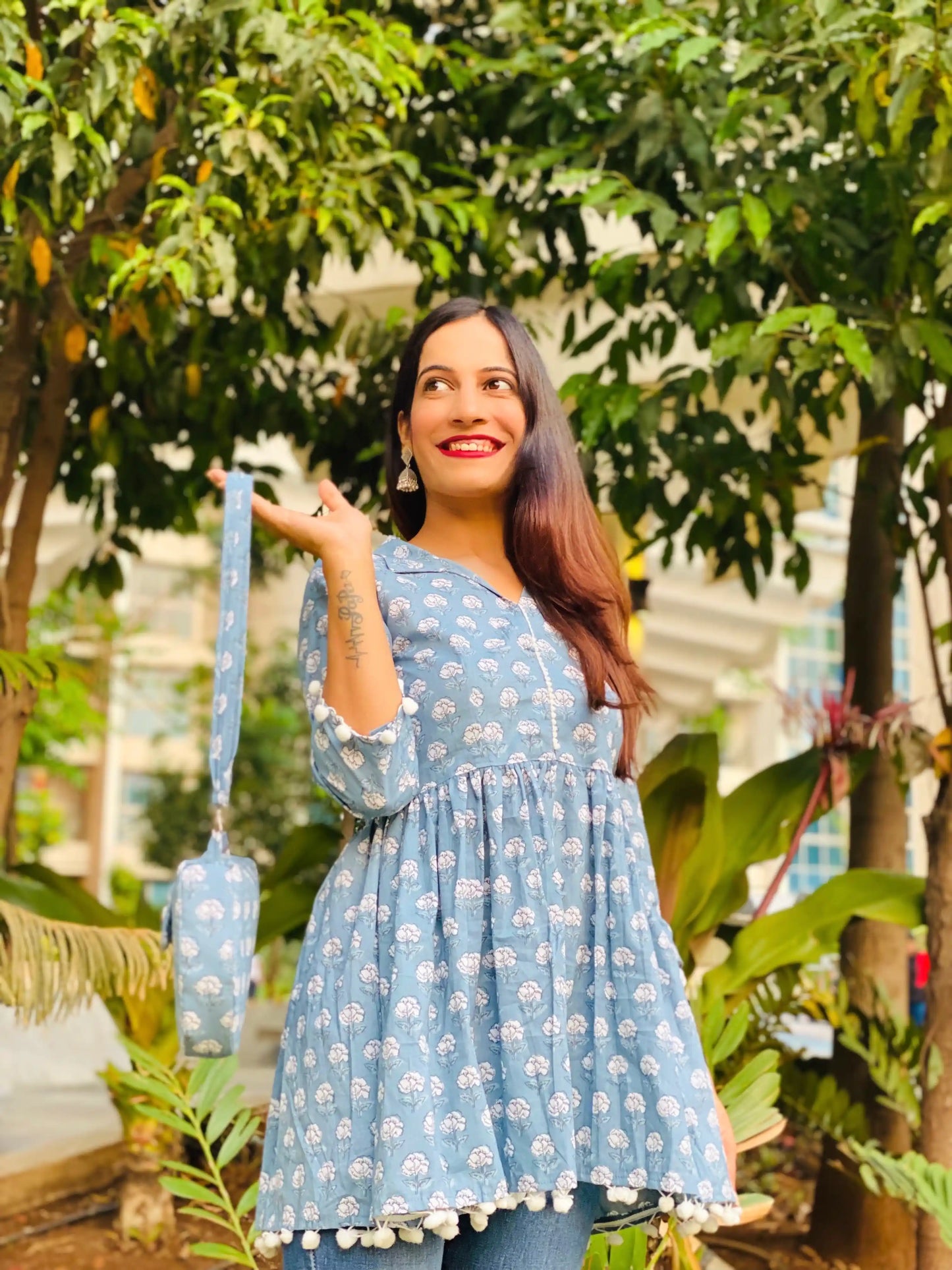 Grey Pom Pom Gulnaz Short Kurta