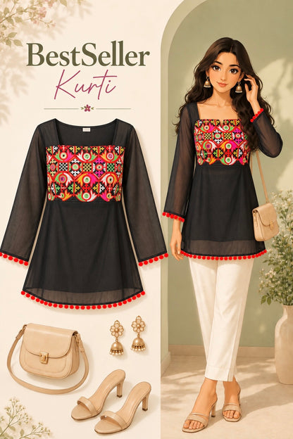 Gamti Gulnaz Embroidered Black Kurta