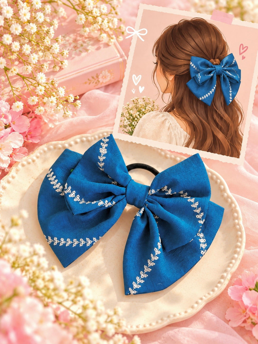 Embroidered Blue Bow Tie