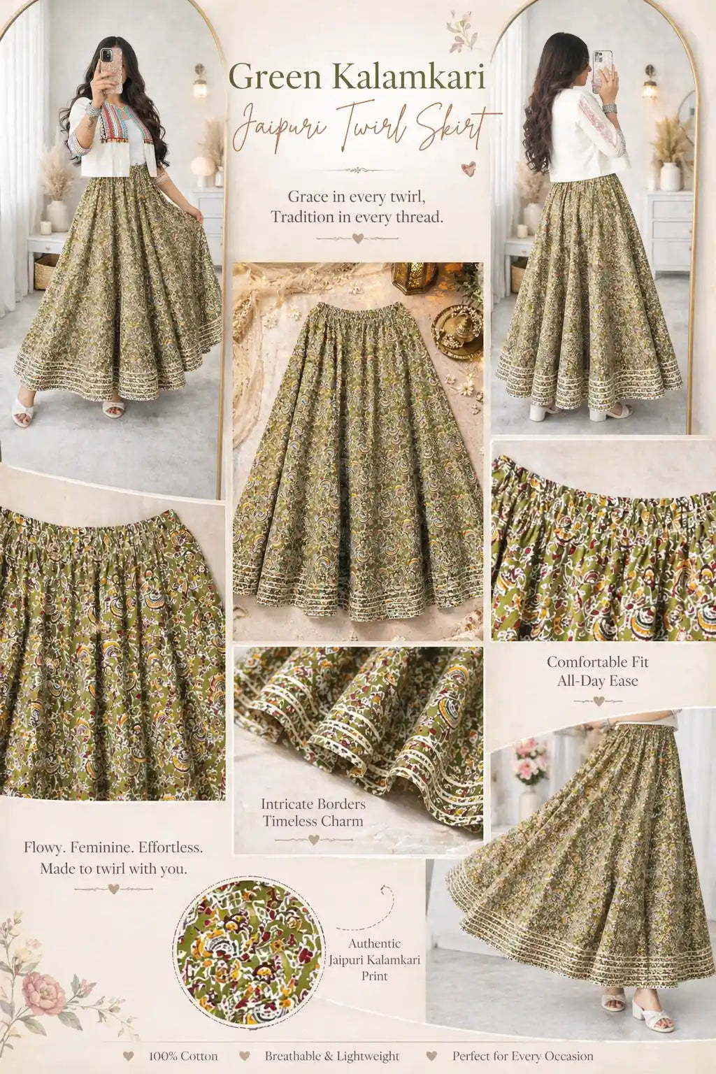 Green Kalamkari Jaipuri Twirl Skirt