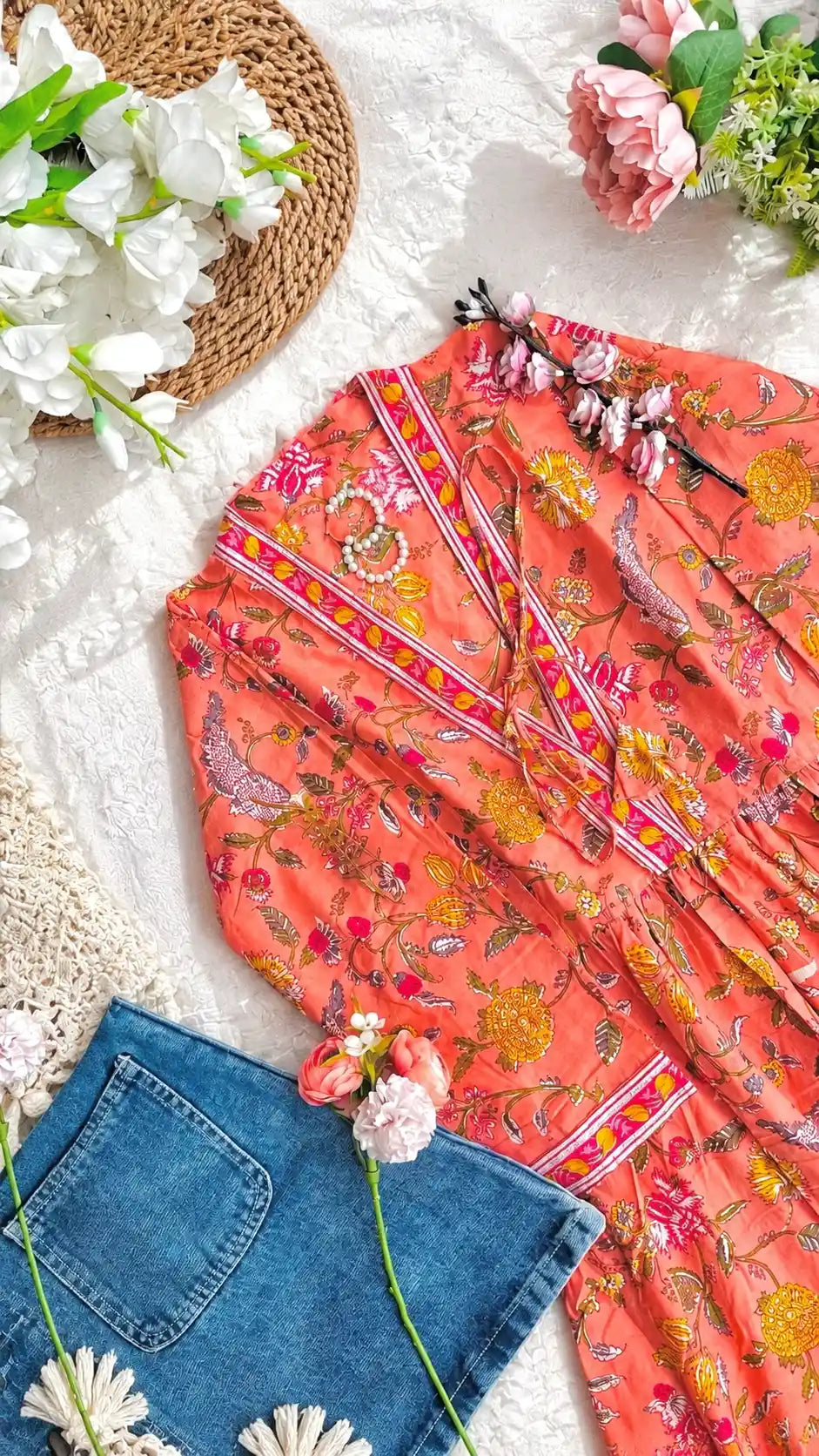 Pretty Peach Kalamkari Short Denim Kurta