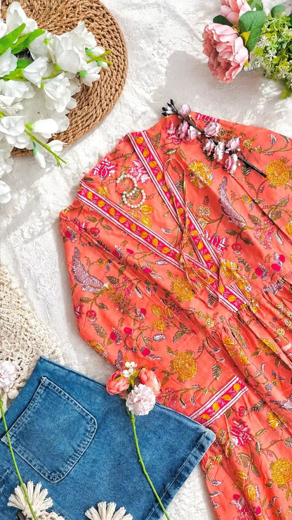 Pretty Peach Kalamkari Short Denim Kurta