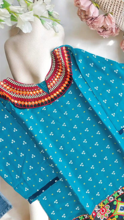 Gold Blue Bandhej Short Kurta