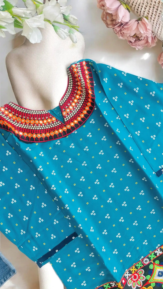 Gold Blue Bandhej Short Kurta