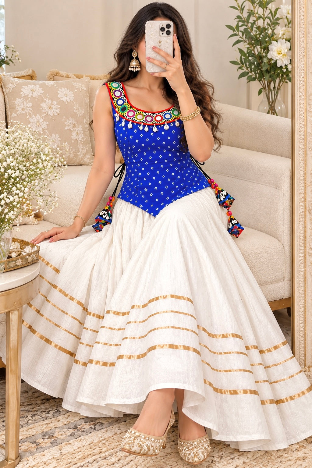 Royal Blue Bandhej Embroidered Top