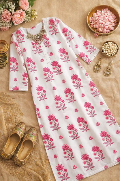 White Block Mulmul Jaipuri Kurta