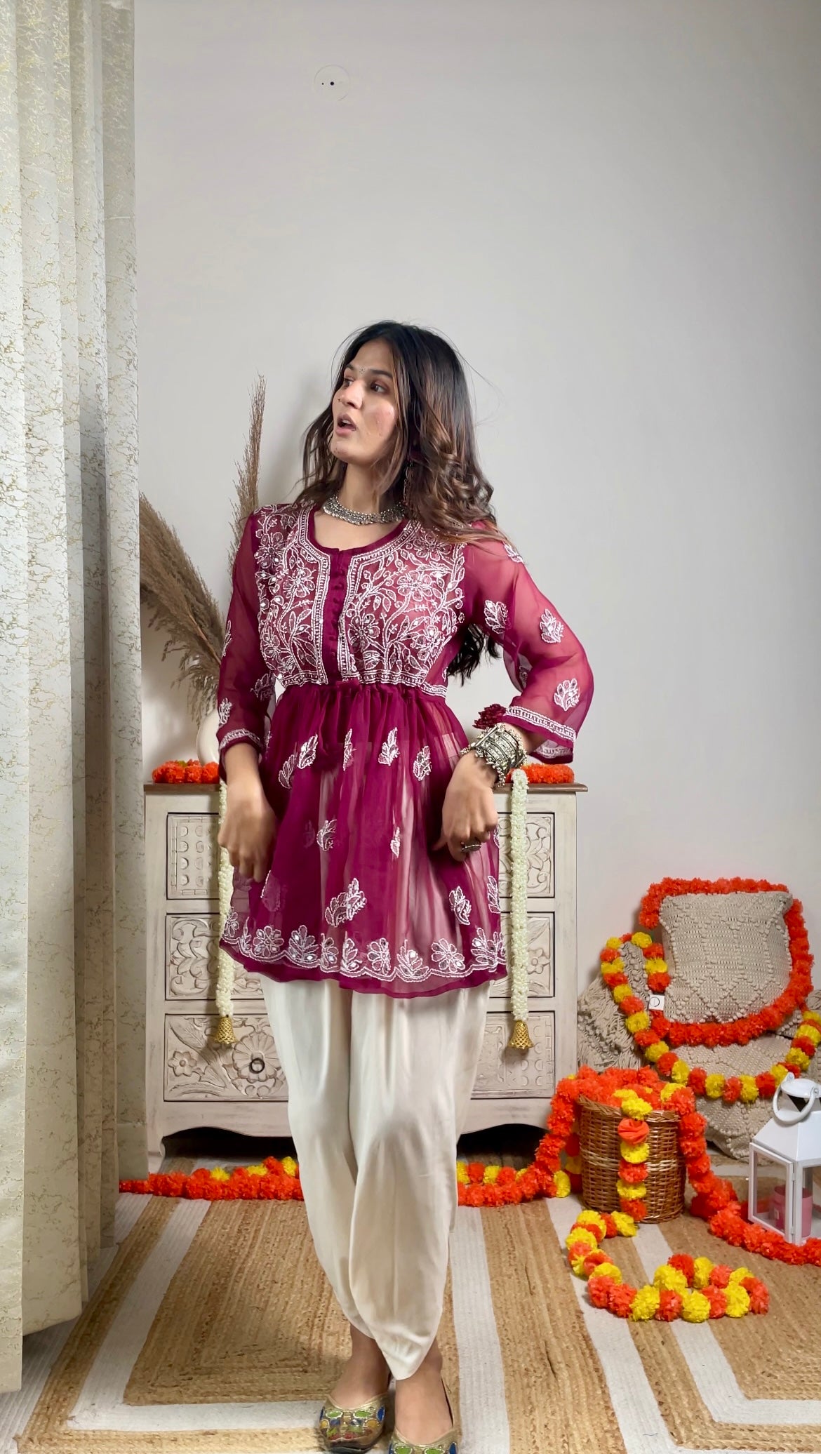 Swati's Plum Wine Noor Mirror Chikankari