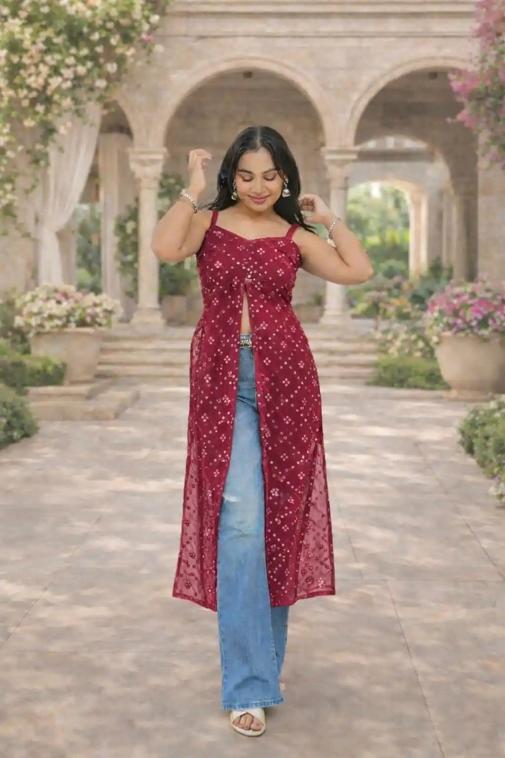 Gulnaz Maroon Embroidered Mirror Kurta