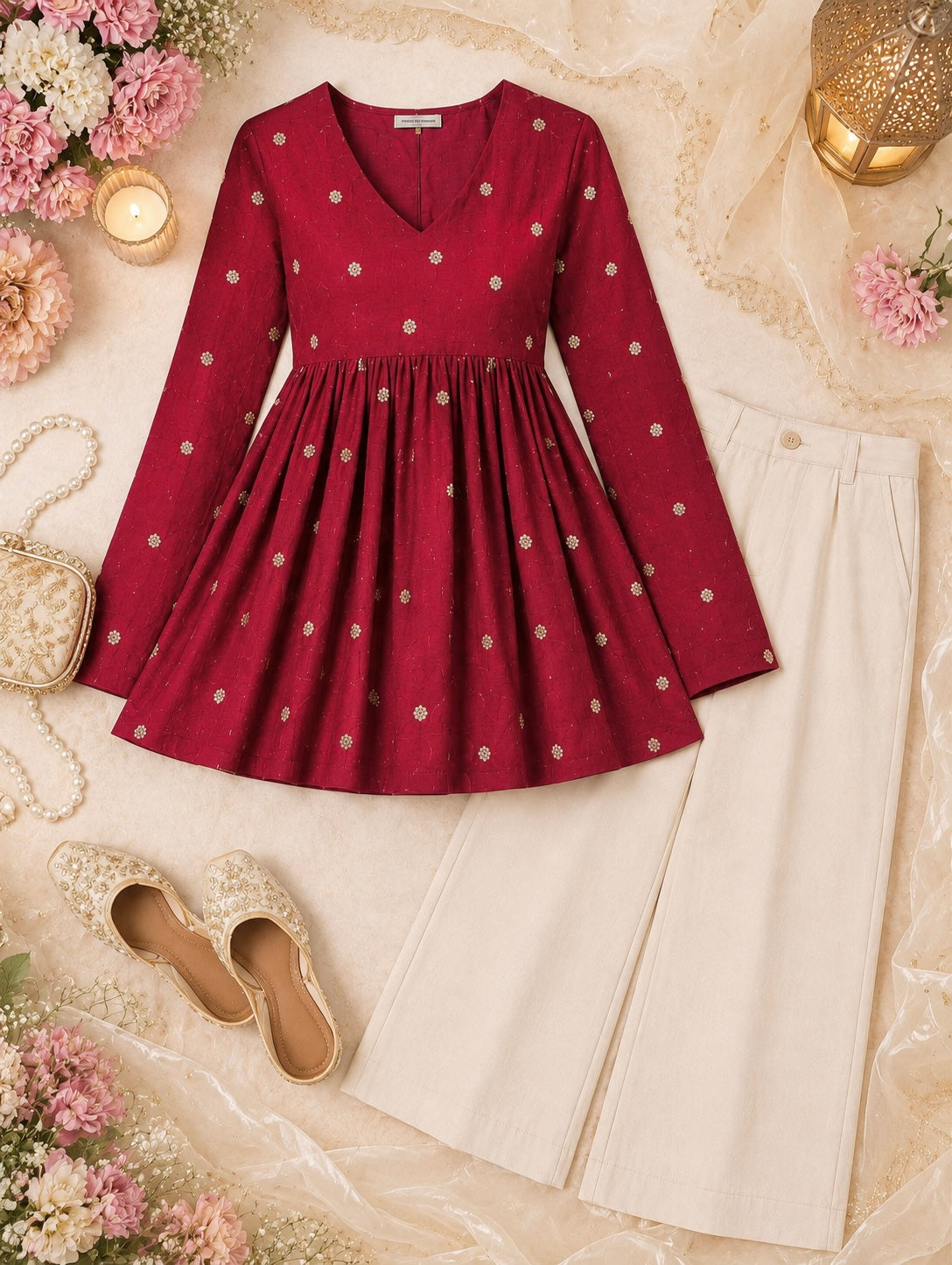 Maroon Embroidered Flared Peplum Top
