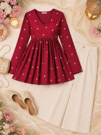 Maroon Embroidered Flared Peplum Top