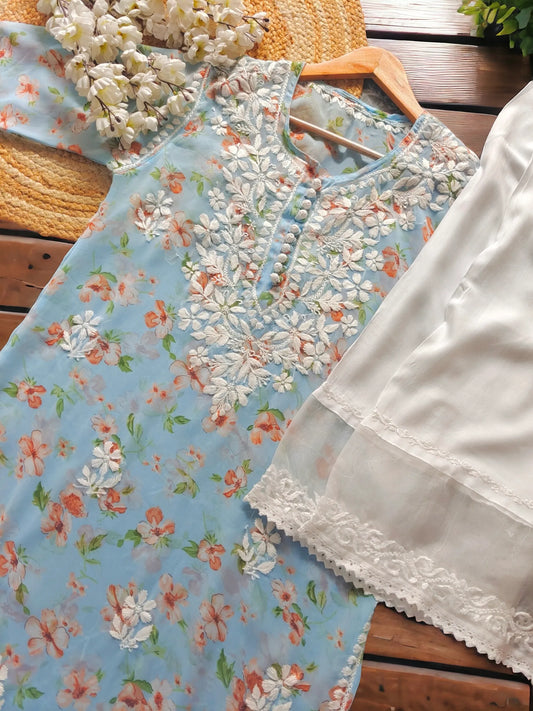 Blush Blue Nazakat Chikan Kurta - Passion for Fashion by Shivani