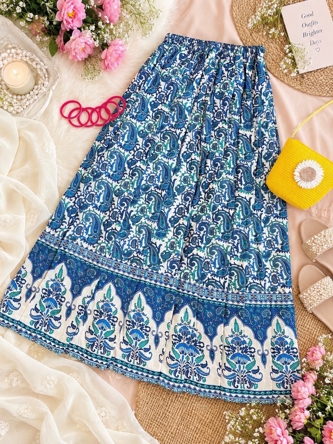 Blue Paisley Jaipuri Flared Cotton Skirt