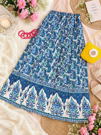 Blue Paisley Jaipuri Flared Cotton Skirt
