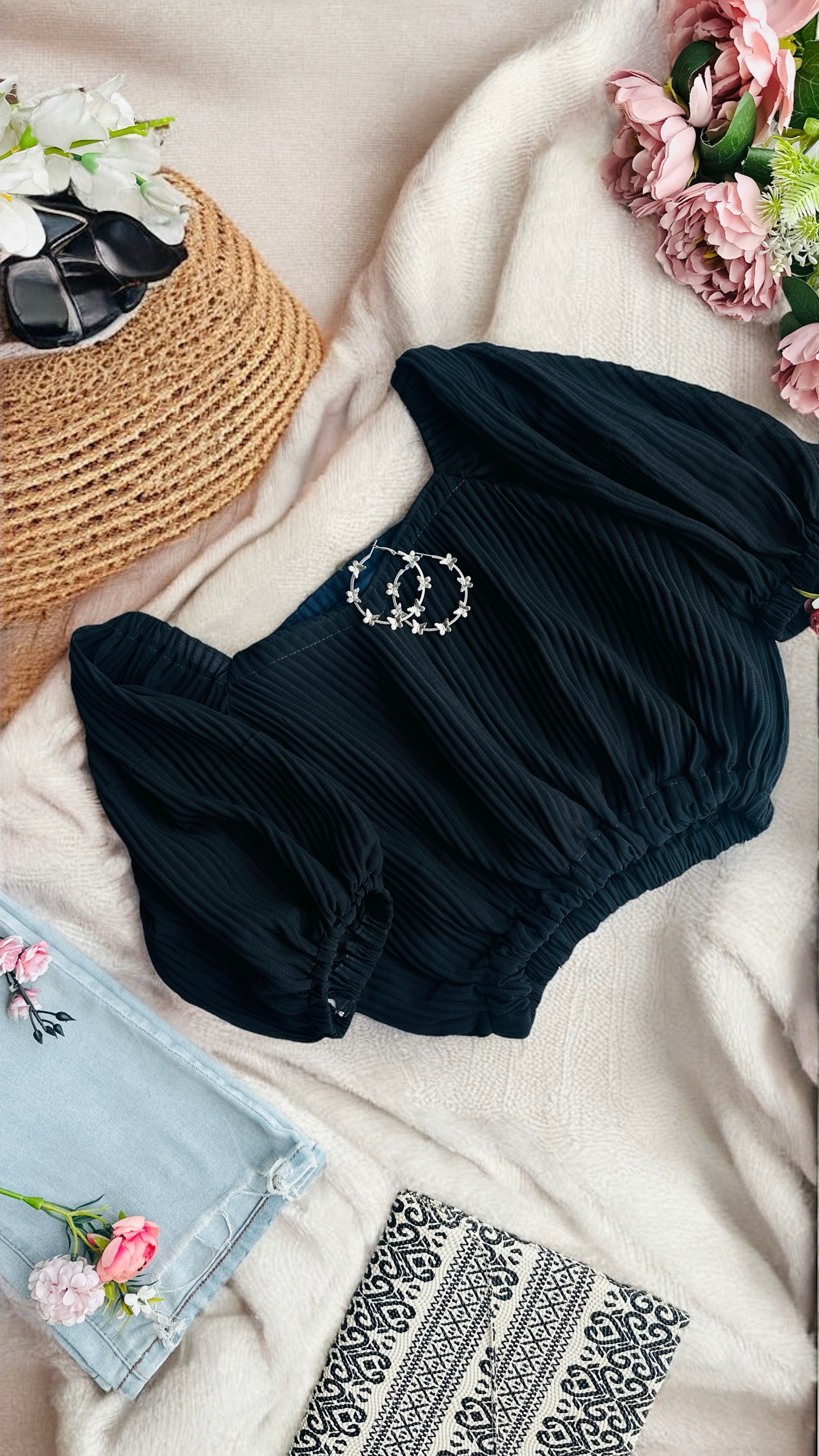 Midnight Charm Smocked Crop Top