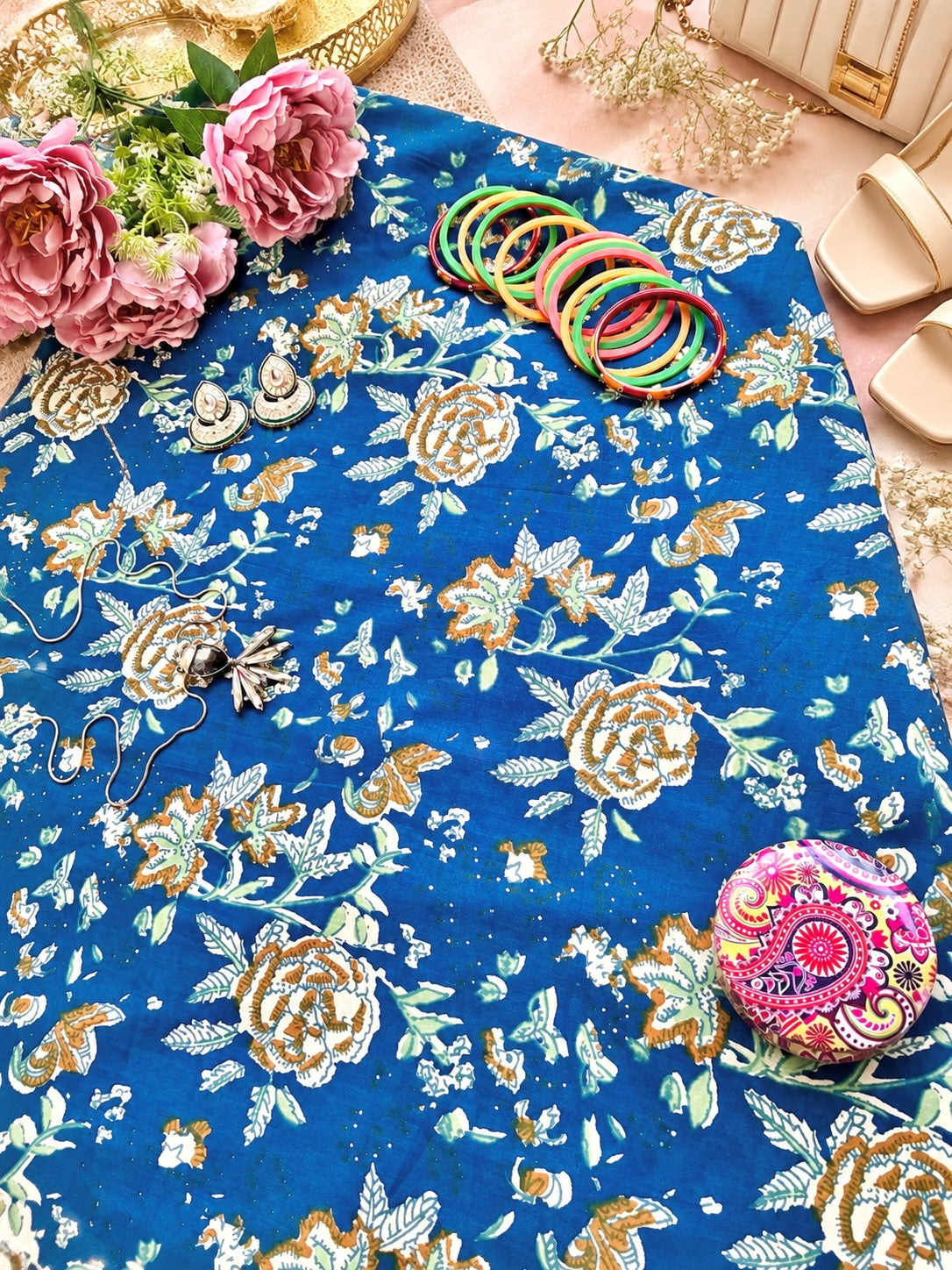 Royal Blue Floral Vine Printed Fabric Cut
