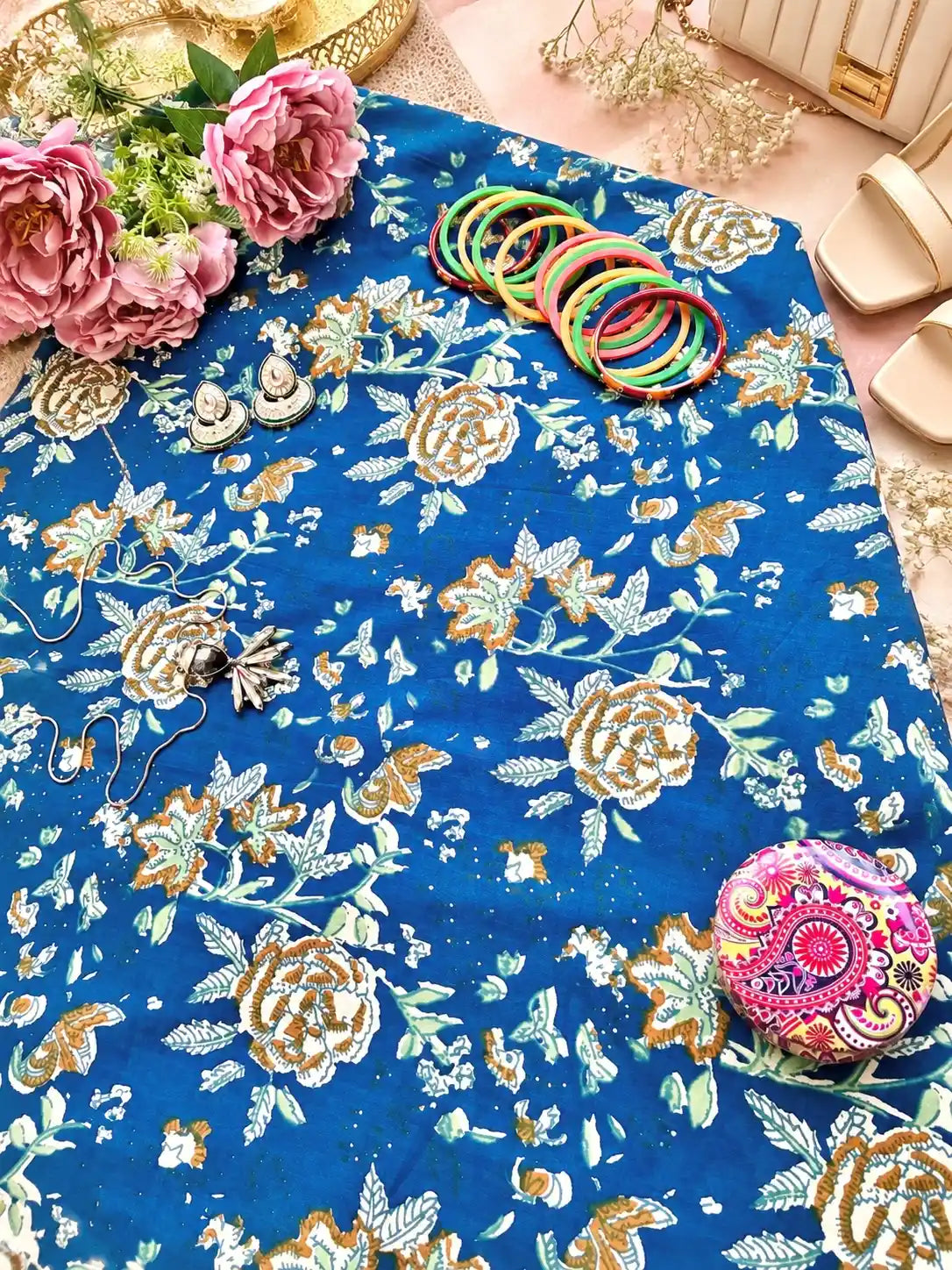 Royal Blue Floral Vine Printed Fabric Cut