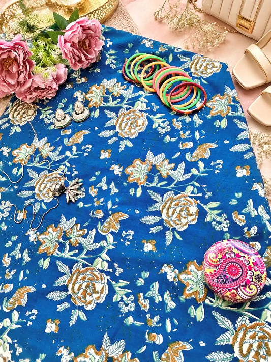 Royal Blue Floral Vine Printed Fabric Cut