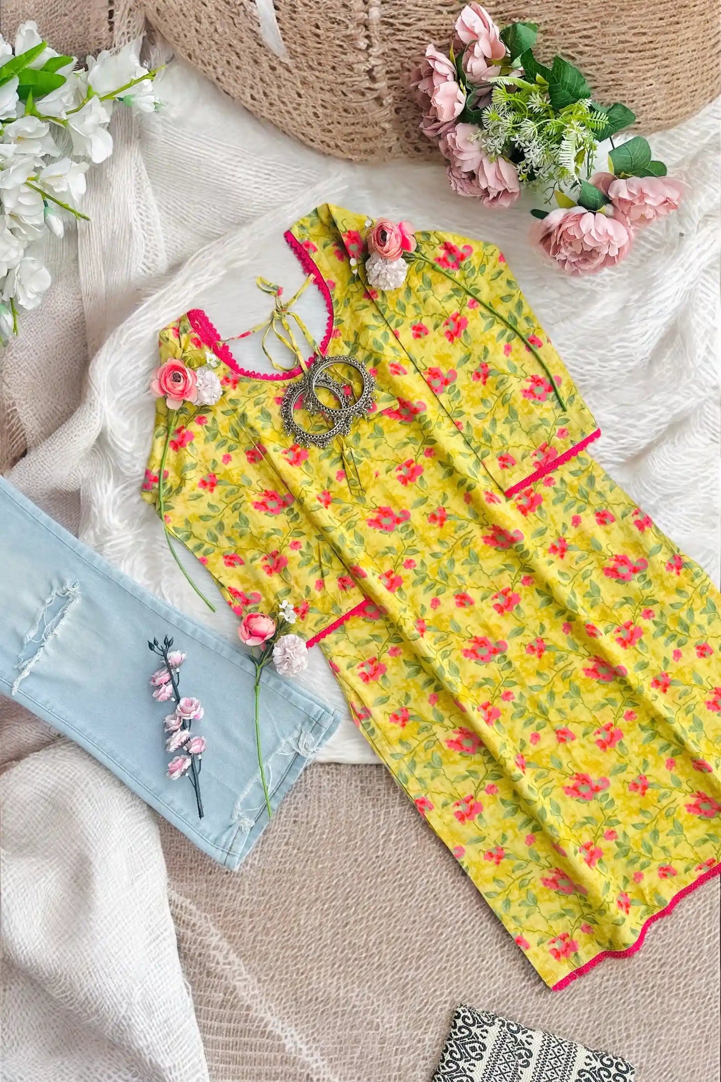 Pink Flower Jaipuri Kurta