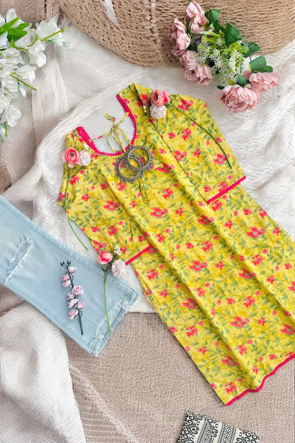 Pink Flower Jaipuri Kurta