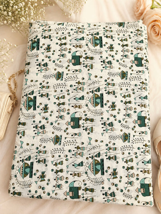 Handblock Elephant Folk Print Cotton Fabric Cut