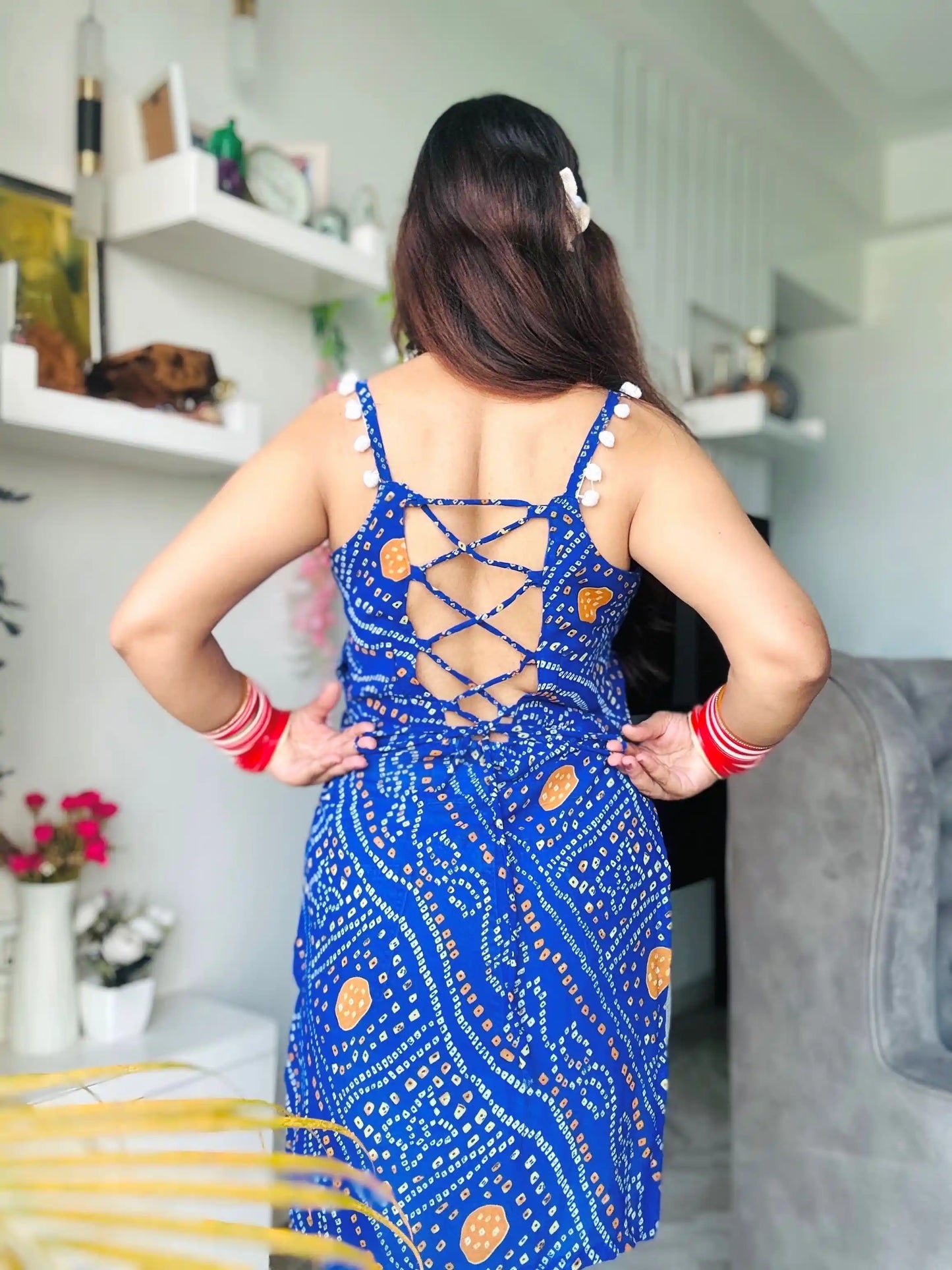 Blue Bandhej Back-Tie Top