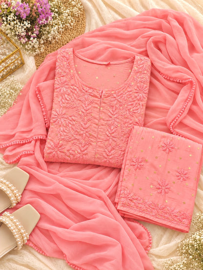 Rose Peach Chikankari Embroidered Suit Set