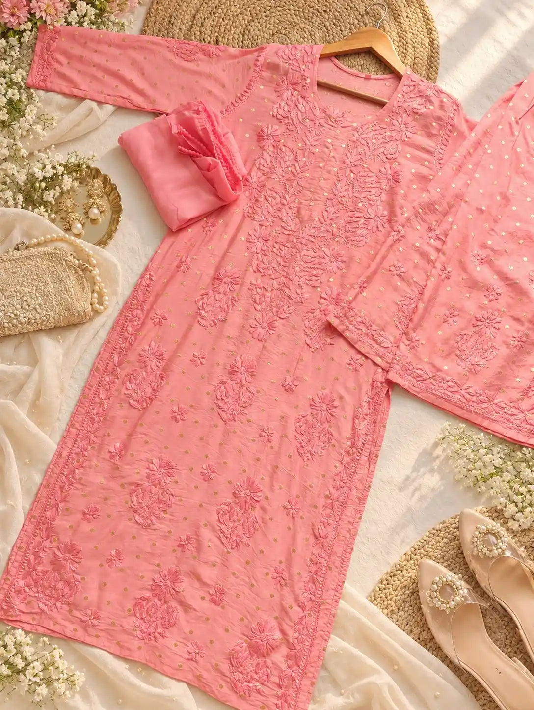 Rose Peach Chikankari Embroidered Suit Set