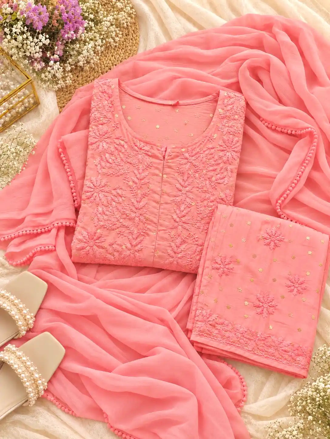 Rose Peach Chikankari Embroidered Suit Set