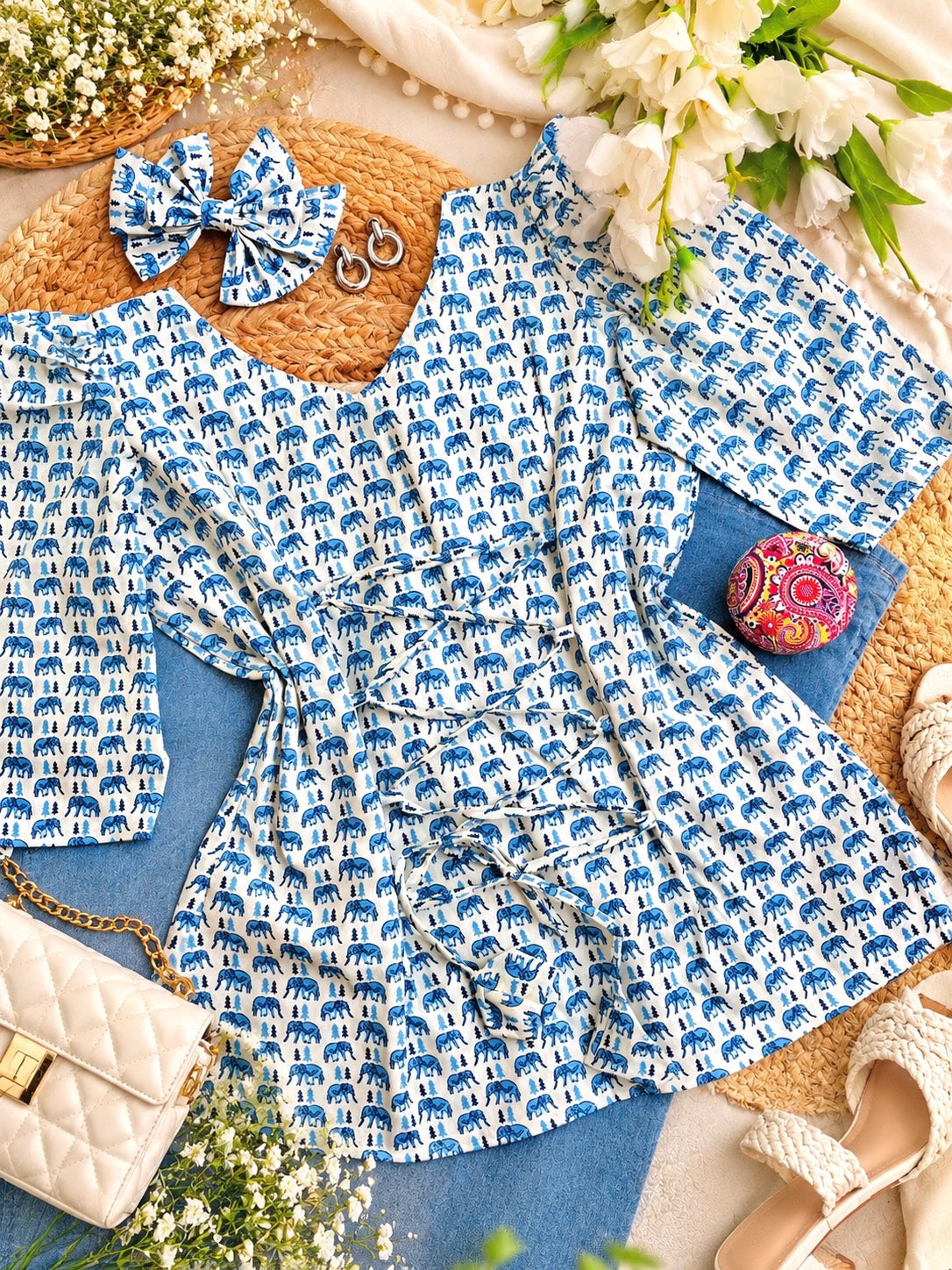 Ivory Blue Handblock Print Peplum Top