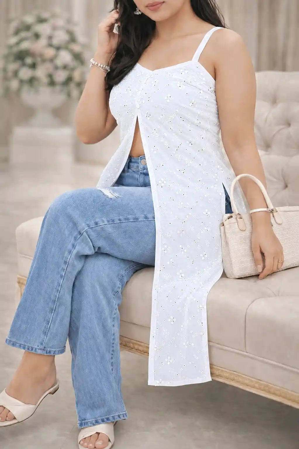 Noor White Mirror Gulnaz Slit Kurta