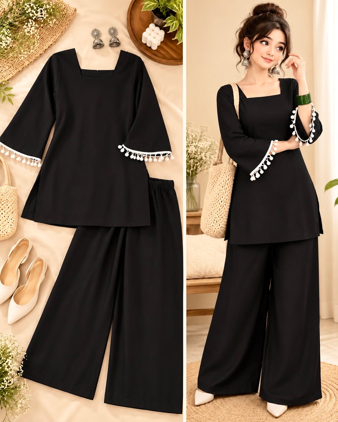 Black Pom Pom Kurta Set